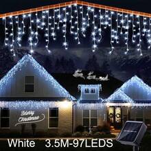 1 pieza Luces de cadena con energía solar, 97/160 luces de carámbano solares LED, luces de hadas impermeables para exteriores, luces de cortina para jardín, patio, Halloween, Navidad, Acción de Gracias, fiestas, campamentos, bodas y cumpleaños - Impermeable, 8 modos de parpadeo