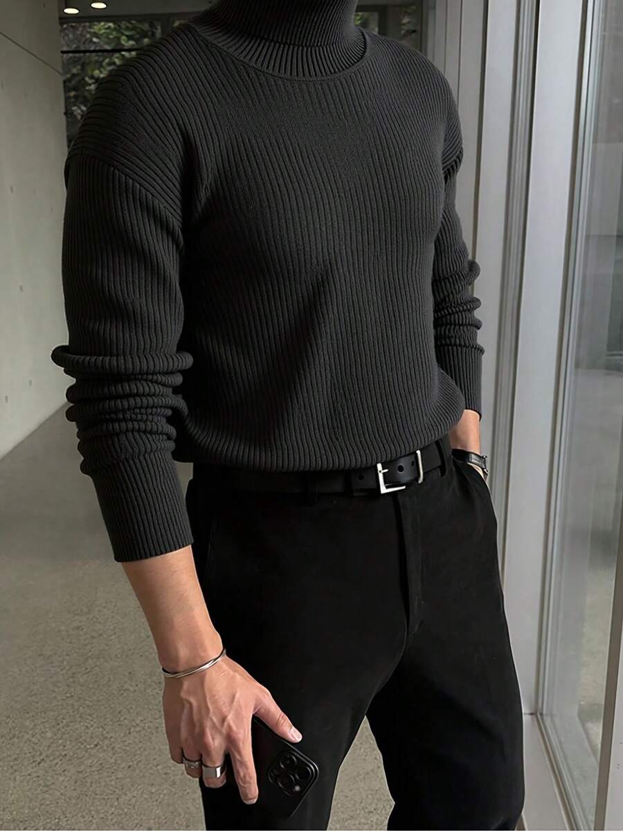 Men's Casual Ribbed Knit Turtleneck Sweater, Minimalist And Fashionable For Daily Wear, Fall
