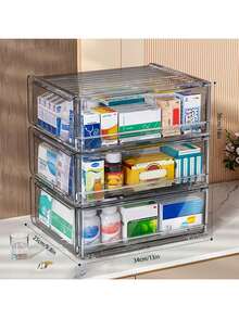 1-Pack Transparent Medicine Storage Cabinet With Sliding Doors - Multi-Drawer Organizer For Home, Bathroom & Kitchen - Durable Plastic No Assembly Required, Compact Space-Saving Design, Modern Home Accessory, Sleek Construction