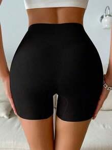 1/2 pieza Shorts De Compresión Para Mujer De Cintura Alta En Color Sólido,Bragas sin costuras con forma para mujeres, shorts de deslizamiento, ropa interior de control de abdomen - Negro - Ver 2