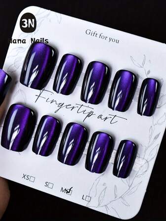 10Pcs Purple/Red/Blue-Black Cat'S Eye Press On Nail Set - Glossy Full Coverage Square False Nails With Popular Art Design, Suitable For Hand And Foot Care Nail Supplies Nails