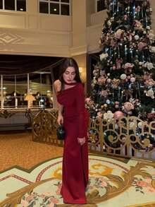 Vestido de mujer de unicolor, de manga larga, con dobladillo oblicuo fruncido, sexy, para vacaciones, fiestas, Navidad, otoño/invierno