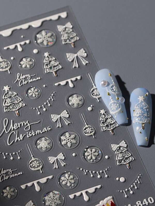 1 Sheet 3D White Christmas Nail Stickers, Winter Wonderland Embossed Decals With Glitter Snowflakes & Trees, Self-Adhesive For Holiday DIY Manicure