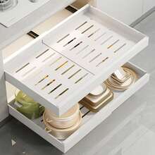 Expandable Pull Out Cabinet Organizer, No Drill Carbon Steel Slide Out Drawer For Kitchen Pantry (12.2-20.4" Adjustable), Heavy Duty Organizer Tray - 白色 - 查看 1