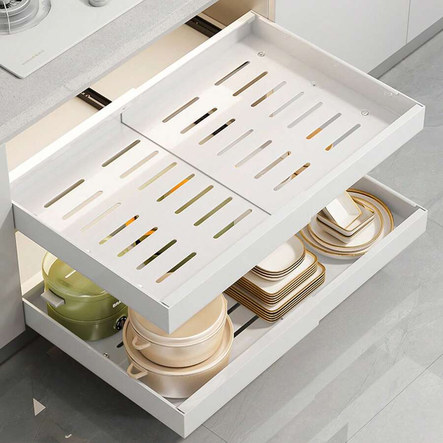 Expandable Pull Out Cabinet Organizer, No Drill Carbon Steel Slide Out Drawer For Kitchen Pantry (12.2-20.4" Adjustable), Heavy Duty Organizer Tray - 白色 - 查看 1