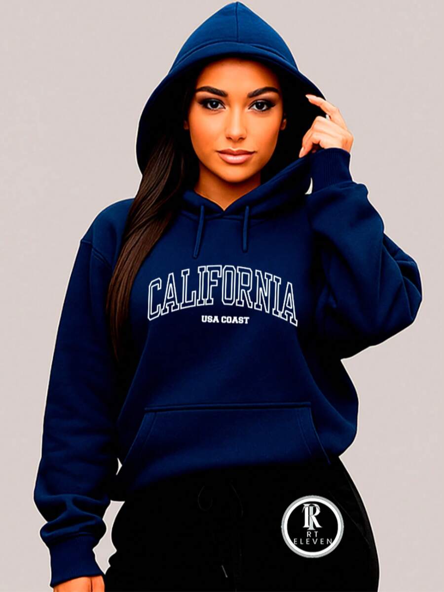Women's Cold Weather Sweatshirt In Various Colors With California USA Print Fast Shipping Blouse With Pocket And Hood - 藏蓝色 - 查看 1