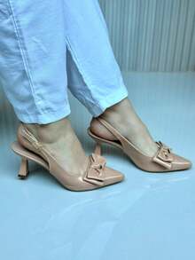 Women's Slingback Pumps, Medium Heel, Pointed Toe With Bow – Black, Caramel And Nude – Elegant And Comfortable - Khỏa thân - Xem 1