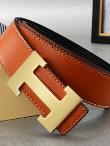 Men's Premium PU Belt, 3.3cm Wide - Fashionable, With Gold Alloy Buckle, Reversible - Classic Letter Design, Suitable For Formal And Casual Wear - Multicolor - View 9
