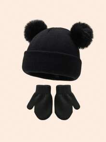 2件套可爱针织毛球婴儿帽和加厚保暖护耳帽套装，包含儿童手套和帽子，适合1-3岁幼儿，冬季适用 - 多色 - 查看 17