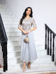 JINLICX Luxury Light Grey Crystal Beaded Floral Embroidered Pleated Banquet Evening Gown - Silver - View 8