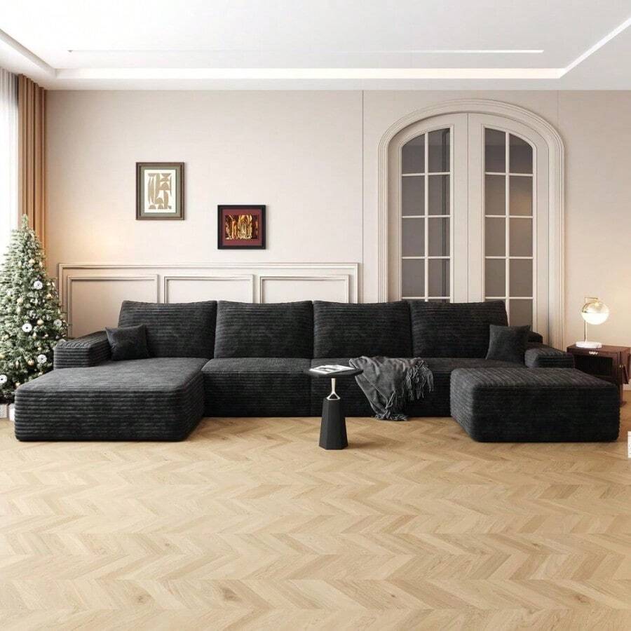 Oversized U Shaped Modular Sectional Sofa Cloud Couch With Chaise Lounge And Movable Ottoman, Fluffy Corduroy Upholstered Boneless Sofa Deep Seat Couches W/Pillows - Đen 135,4" - Xem 1