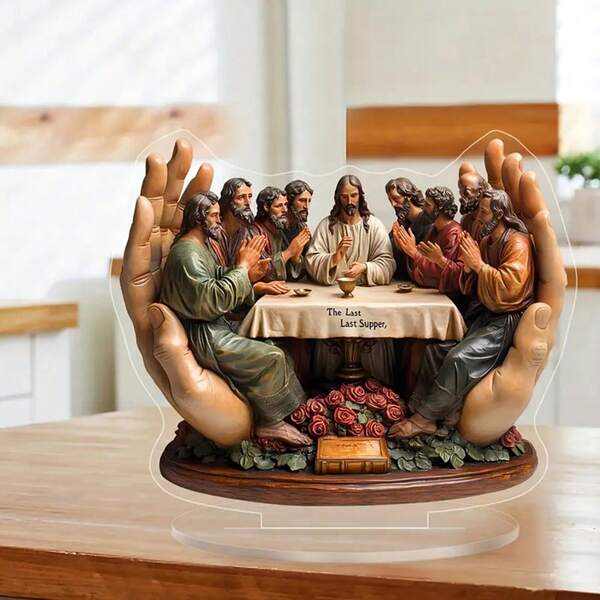 1 Pc, Acrylic "Last Supper" Jesus And Disciples Desktop Ornament With Base, 2D Multifunctional Decorative Plaque Suitable For Home And Office, Suitable For Valentine's Day, Anniversary, New Year, Easter Decoration Ornament