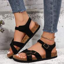 Womens Sandals Laces Adjustable Buckle Stylish Crisscross Cork Summer - 黑色 - 查看 1