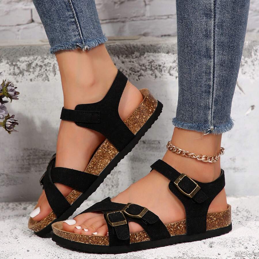Womens Sandals Laces Adjustable Buckle Stylish Crisscross Cork Summer - 黑色 - 查看 1