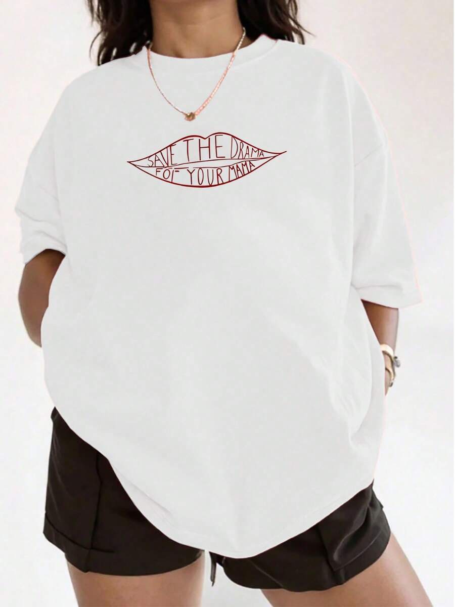 Camiseta gráfica de moda para mujer, estampado de eslogan "Save The Drama For Your Mama", camiseta informal de manga corta, camiseta de mezcla de algodón cómoda y moderna para uso diario, ¡una elegante idea de regalo! - Blanco - Ver 1