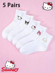 1/5 pares de calcetines para niños con estampados de Hello Kitty, Kitty, KT Cat, My Melody, Kuromi, Pochacco, Cinnamoroll, con puños con volantes