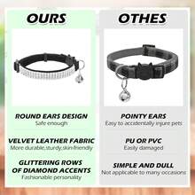 EXPAWLORER Soft Velvet  Collars Girl Cats -2 Pack Rhinestones Bling Diamante Adjustable Collars Breakaway- Chirstmas Clollar Gifts With Bells Boy Cats And Small Dogs - 黑色 - 查看 4