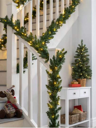 1套圣诞装饰绿松针藤条花环，仿藤条，圣诞树人造松枝，适用于圣诞树装饰、楼梯栏杆装饰、壁炉装饰花环藤条