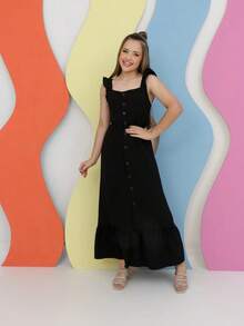 Vestido Midi Juvenil Feminino Elegante para Menina e Adolescente – Roupa Confortável, Moderna e Estilosa com Babado e Botões, Ideal para Primavera, Verão, Festas e Passeio - Preto - Visão 2