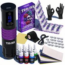 Wireless Tattoo Gun Kit TDDJNN Complete Tattoo Machine Set, Vertical Direct Drive Dual Bearing Motor, 8500 RPM, Equipped With 10 Cartridge Needles, 7 Colors Of Tattoo Ink, Bandages, Transfer Paper, Practice Skin, Gloves And Ink Cups, Suitable For Beginners And Professional Tattoo Artists (Black/Purple) - Màu tím  Violet - Xem 13