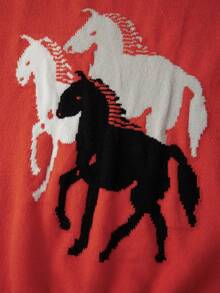 Women Y2k Graphic Sweater Pullover Long Sleeve Crew Neck Oversized Knit Aesthetic Sweatshirt Cute Horse Pattern Preppy Jumper Top - 紅色 - 查看 9