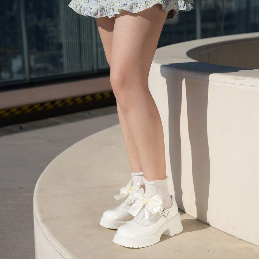 Women's Mary Janes Platform Chunky Block Heels Work Wedding Shoes Ankle Strap Gothic Lolita Oxfords Detachable Bow Classic Comfortable Uniform Dress Shoes - 白色 - 查看 1