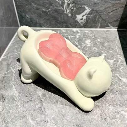 Adorable Charming | Cute Cartoon Cat Soap Dish With Drainage System - Smooth White And Pink Surface, Bathroom Decor Plastic Holder, Ideal For Storing Shower Gel And Sponge, Bathroom Accessories | Lovely Cat Design | Smooth Surface