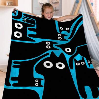 Blue Background Cute Black Cat Print Blanket - Soft, Warm And Comfortable Reversible Multipurpose Knitted Microfiber Blanket For Children, Suitable For Sofa, Bed, Office, Camping - Machine Washable Digital Print All Season Decor