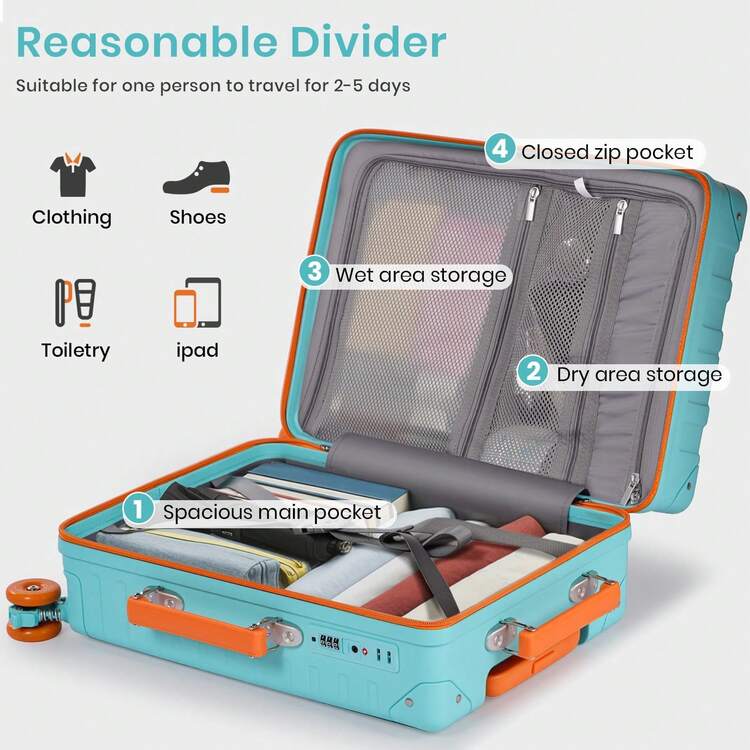 20'' Suitcase 54x38x22cm Super Lightweight PC Hard Shell Small Suitcase With TSA Lock & 4 Spinner Wheels - Orange Blue - View 5