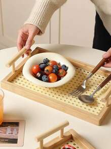 1pc Rattan Vintage Tray, Retro Kitchen/Dining Room Storage Organizer Tray, Birthday Gift, Dessert Tray, Wooden Rectangular Storage Tray, Candle Holder, Cosmetic Organizer Tray, Bathroom Bathtub Caddy Tray, Also Suitable For Living Room, Dining Room, Entertaining Guests, Snack Plate, Holiday Decor