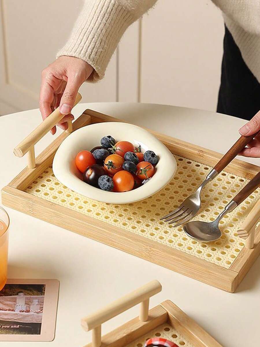 1pc Rattan Vintage Tray, Retro Kitchen/Dining Room Storage Organizer Tray, Birthday Gift, Dessert Tray, Wooden Rectangular Storage Tray, Candle Holder, Cosmetic Organizer Tray, Bathroom Bathtub Caddy Tray, Also Suitable For Living Room, Dining Room, Entertaining Guests, Snack Plate, Holiday Decor