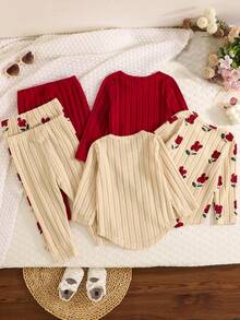 6 件套女童柔软舒适简约户外罗纹长袖花卉印花上衣 + 裤子多件套冬季服装 - 彩色 - 查看 3