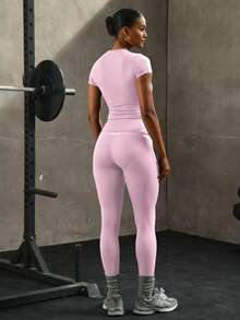 PinkTip Conjunto moldeador sin costuras - Top deportivo de unicolor y leggings de cintura alta, adecuado para yoga y correr - Rosa - Ver 6