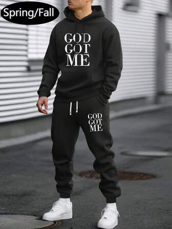 Men's Thin Letter Print Graphic Loose Hoodie And Drawstring Waist Pants Set, Fashion Casual Sportswear With Pockets, Suitable For Early Autumn Cool Weather