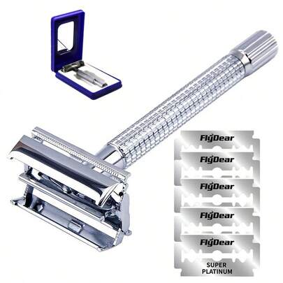 男性用両刃ステンレス製手動カミソリ、滑りにくい強力なハンドル、バタフライ式クイック刃交換、ギフト用カミソリ刃ホルダーボックス付き