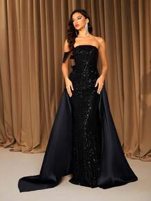 黑色吊带飘逸亮片长裙，适合晚间约会、派对和庆典 - 黑色 - 查看 4