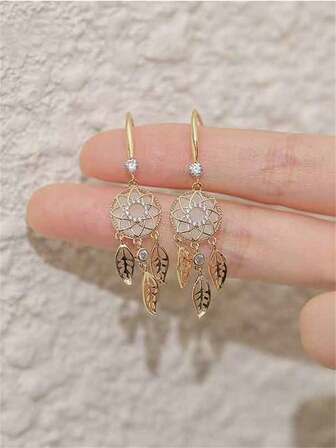 1 Pair Of Elegant And Fashionable Imitation Cat Eye Stones, With Rhinestone Inlaid Dream Catcher Tassel Design For Women's Earrings, Suitable For Daily Party And Travel Jewelry Gifts