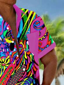 抽象艺术印花男式加大码短袖纽扣口袋夏威夷衬衫，夏季