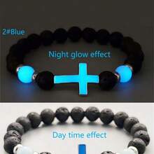 1pc Volcano Stone Night Glow Vintage Bracelet, Multicolor Luminous Cross Beads Jewelry For Boys And Girls,Bracelets For Women - 黑色 - 查看 6