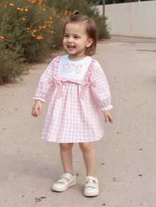 Toddler Baby Girl Fall Outfit Goose Embroidered Plaid Bows Ruffled Trim Smocked Dress Crewneck Long Sleeve A Line Dress Birstday Party Dress - 粉色 - 查看 5