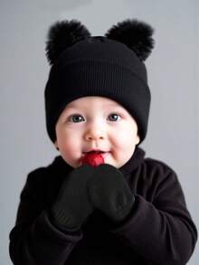 2件套可爱针织毛球婴儿帽和加厚保暖护耳帽套装，包含儿童手套和帽子，适合1-3岁幼儿，冬季适用 - 多色 - 查看 3