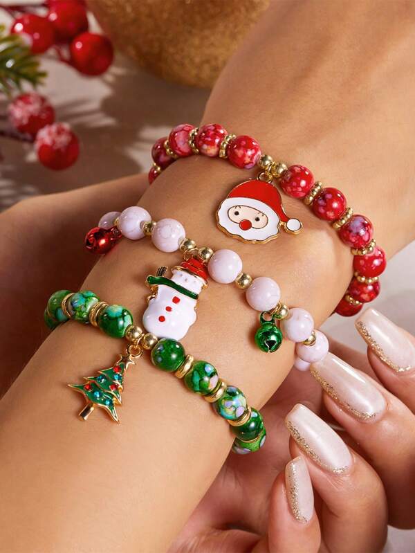 3 Stücke/Set Weihnachtsbaum, Weihnachtsmann, Schneemann Perlenarmband Set