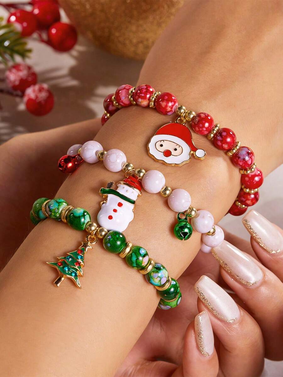 3 Stücke/Set Weihnachtsbaum, Weihnachtsmann, Schneemann Perlenarmband Set