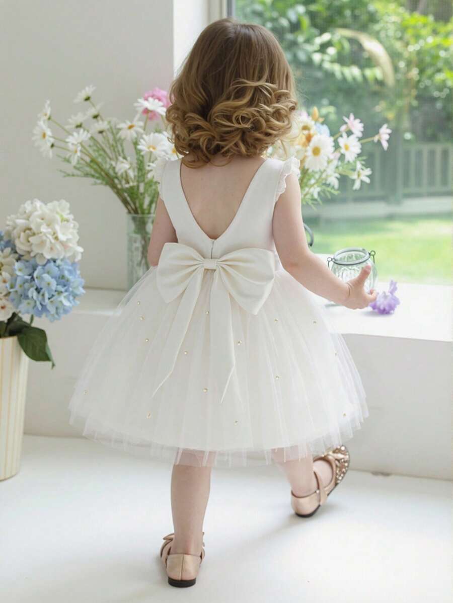 Baby Girls Cap Sleeve Bow Tie Tulle White Elegant Christmas Party Dress, Princess Dress Suitable For 1st Birthday Party, Banquet, Wedding Flower Girl Outfit