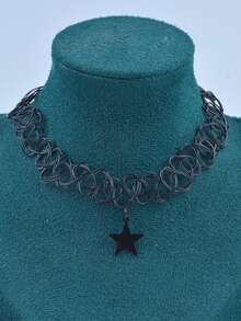 1 件手工编织深色风格鱼线五角星纹身吊坠颈链，复古锁骨链，适合女士 - 黑色五角星吊墜 - 查看 4