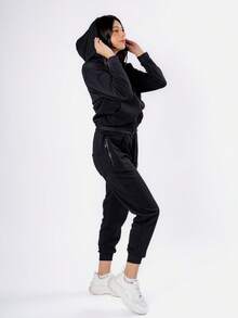 Conjunto de 2 piezas, sudaderas casuales con capucha de manga larga y pantalones de chándal a juego para primavera y otoño - Negro - Ver 4