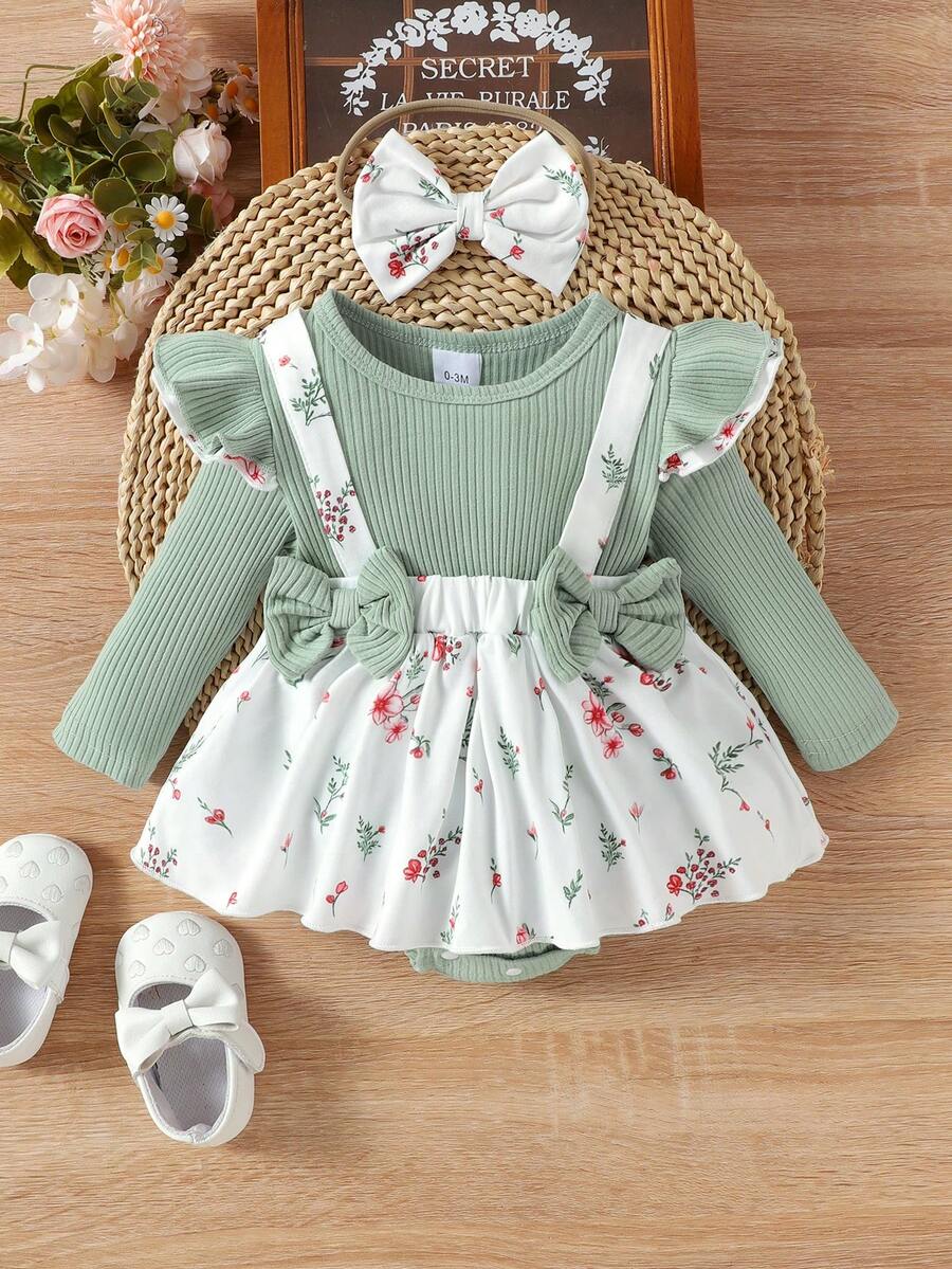 1件可爱圆领长袖连体衣，适合女婴，轻薄透气，适合春秋季穿着