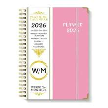 2026/1-12 Months A5 Planner Notebook, 71 Sheets/142 Pages - Monthly & Weekly Calendar, Pink & Gold Edges, Elastic Closure, Inner Pocket, Ideal For Office & School Organization