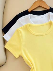 Kit 3 Women's Ribbed Blouses, Baby Tee, Basic Short Sleeve Babylook Colors  2025 - Yellow/White/Black - View 2
