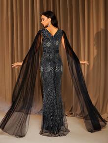 Schwarzes Abendkleid mit rundem Ausschnitt, Pailletten-Patchwork, geeignet für Dates, Partys, alle Jahreszeiten - Schwarz - Übersicht 7